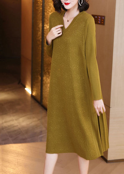 Loose Yellow V Neck Patchwork Wrinkled Jacquard Knit Maxi Dresses Spring