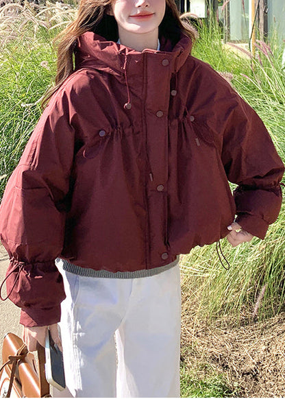 Red Stand Collar Drawstring Duck Down Puffer Jacket Winter