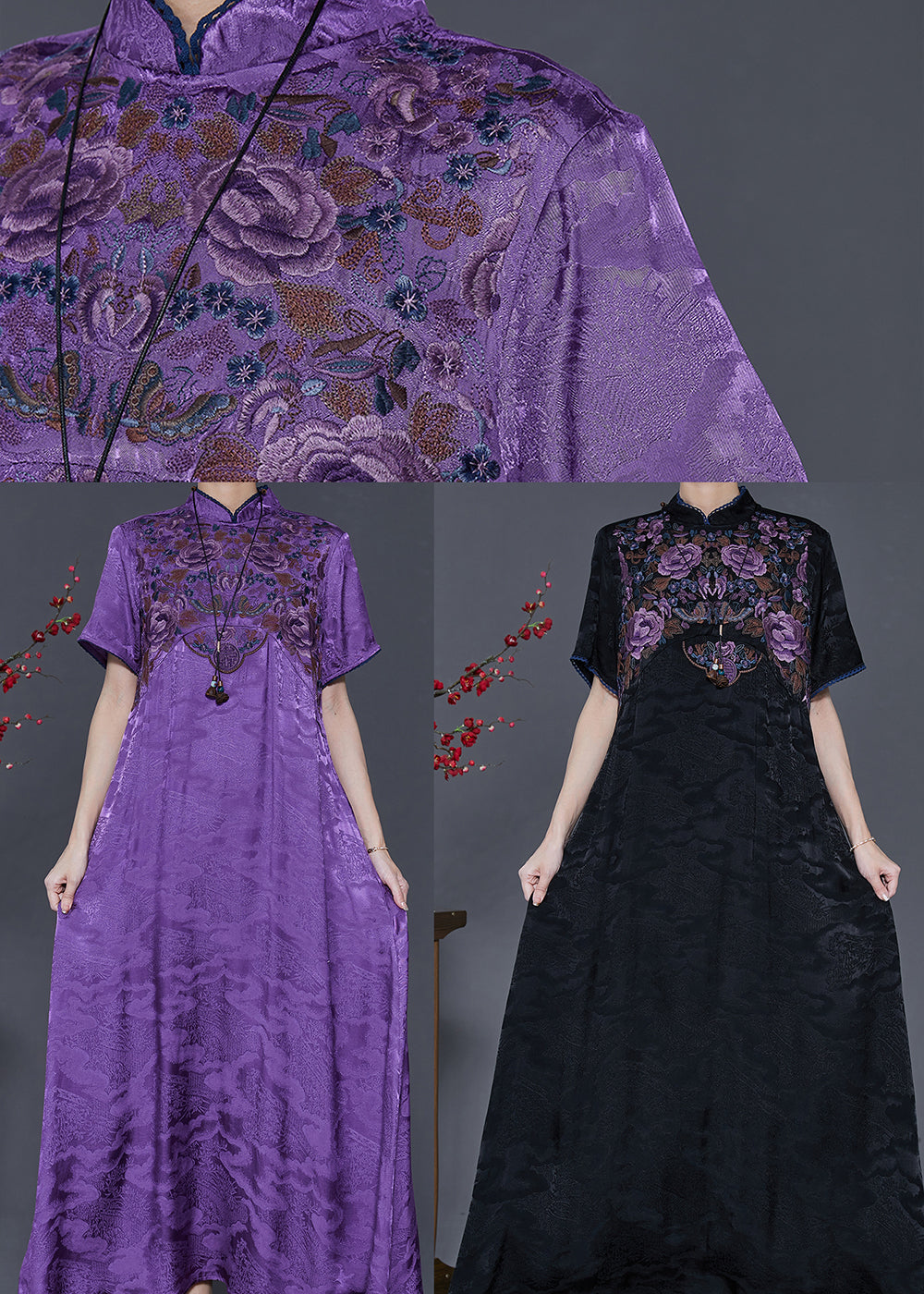Purple Embroidered Jacquard Silk Vacation Dresses Summer