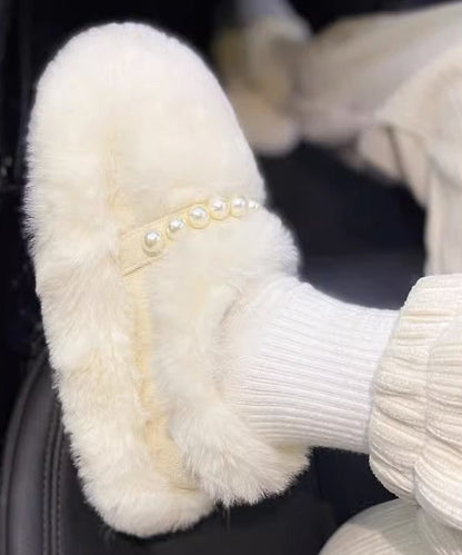 Beige Fuzzy Fur Platform Penny Loafers Splicing Nail Bead