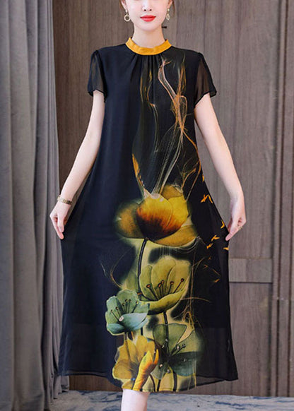 Classy Black Stand Collar Print Chiffon Holiday Dresses Short Sleeve