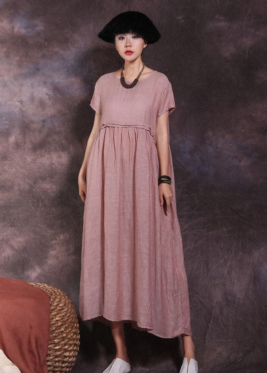 Pink O-neck Pockets Cotton Dress Short Sleeve