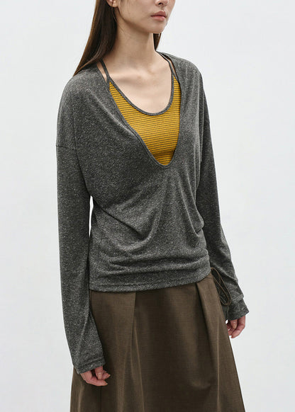 Grey False Two Pieces Patchwork Cotton T Shirts Spring
