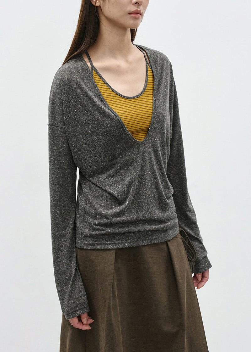 Grey False Two Pieces Patchwork Cotton T Shirts Spring