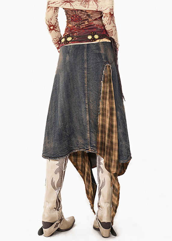 Blue Plaid Patchwork Denim Maxi Skirts