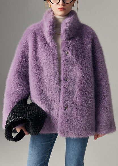 Purple Button Pockets Leather and Fur Winter Coats Stand Collar