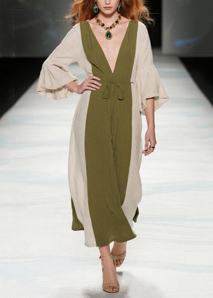 Boutique Tea Green V Neck Patchwork Cotton Long Dresses Summer