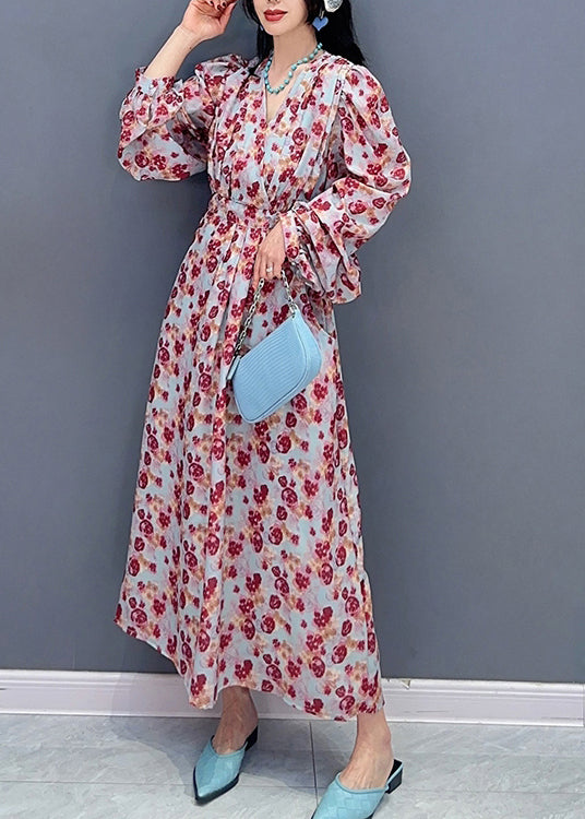 V Neck Print Tie Waist Long Dress Spring