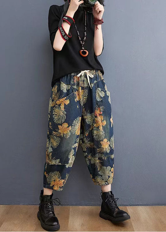 French Navy Elastic Waist Drawstring Pockets Print Denim Pants Spring