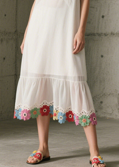 Diy White V Neck Patchwork Lace Chiffon Maxi Dresses Sleeveless