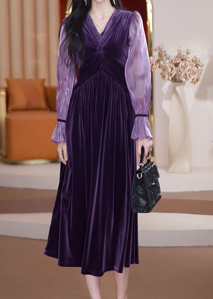 Purple V Neck Patchwork Wrinkled Silk Velour Long Dresses Long Sleeve