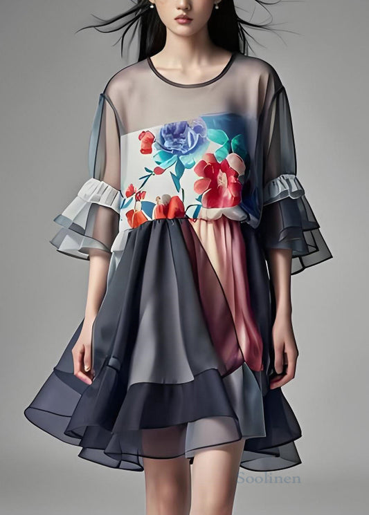 French Grey O Neck Ruffled Patchwork Chiffon Mid Dress Summer