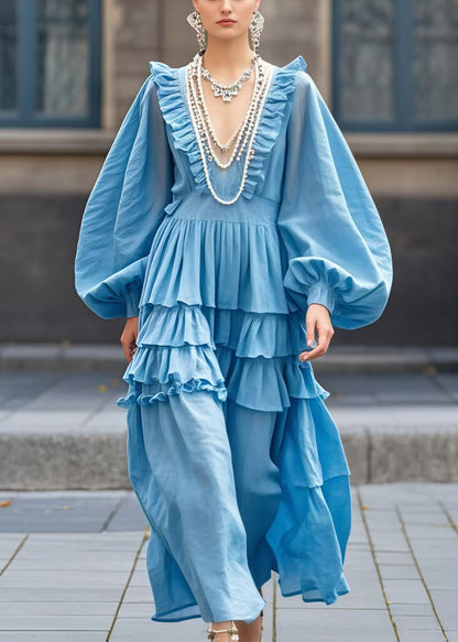 Sea Blue V Neck Ruffled Ankle Cotton Dress Lantern Sleeve Spring