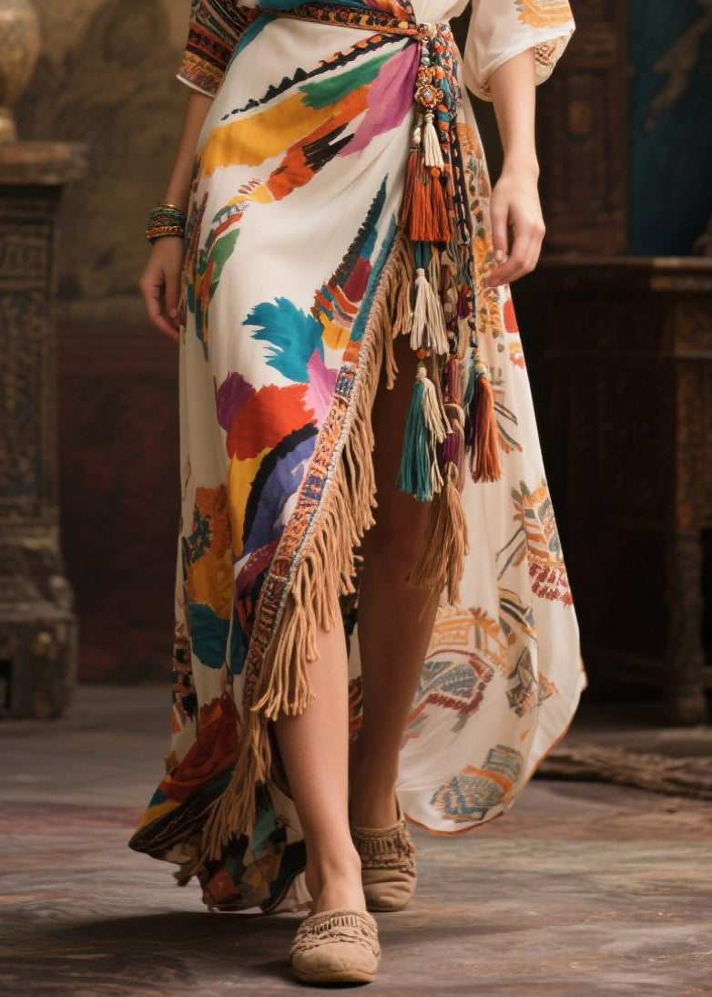 Beige Tasseled Side Open Chiffon Holiday Dress Summer