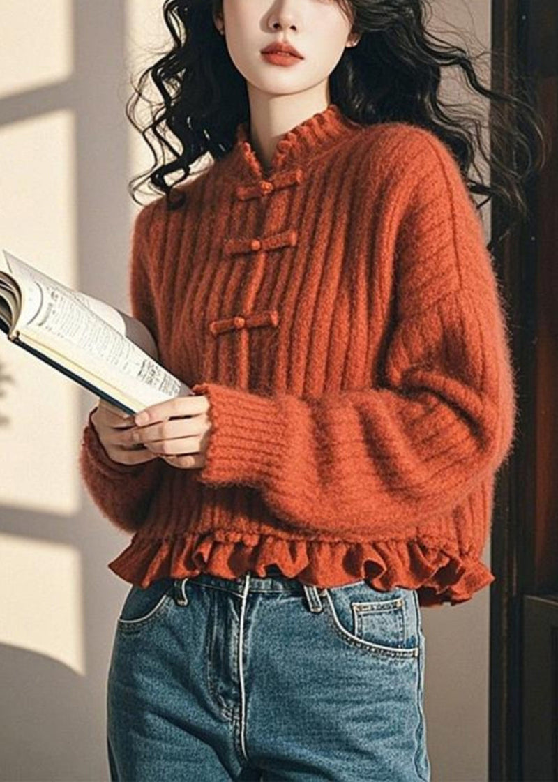Orange Ruffled Button Cozy Cotton Knit Coat Fall
