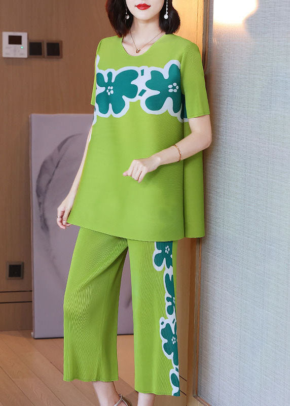 Green O-neck Wrinkled Print Tops and Crop Pants Two Pieces Set Short Sleeve