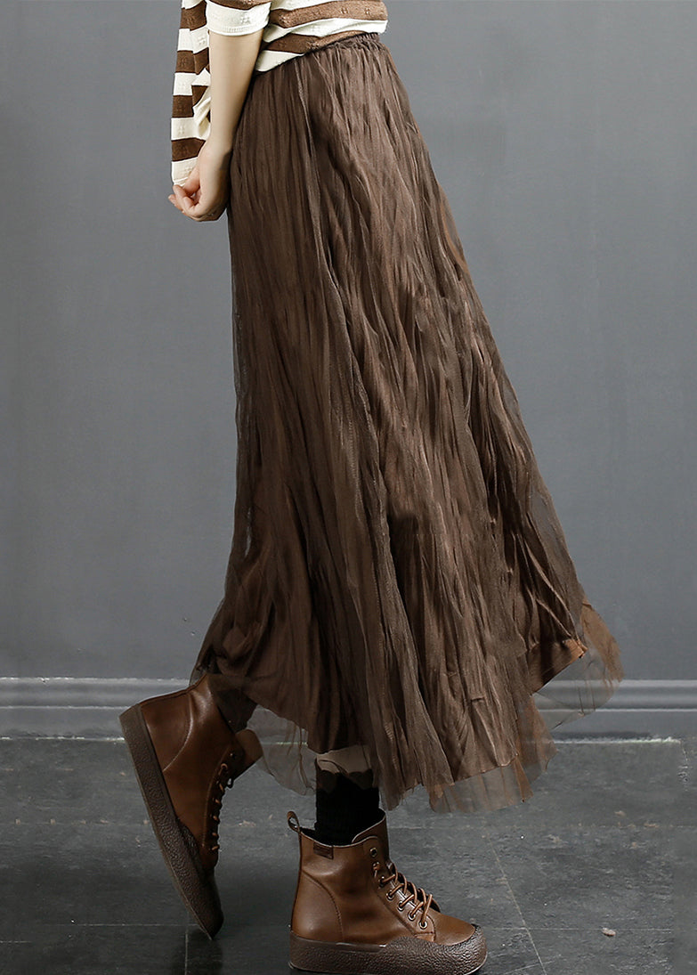 Coffee Wrinkled Elastic Waist Tulle Skirt Spring