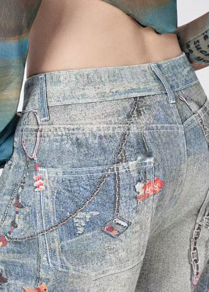 Unique Blue Oversized Print Denim Wide Leg Pants Spring