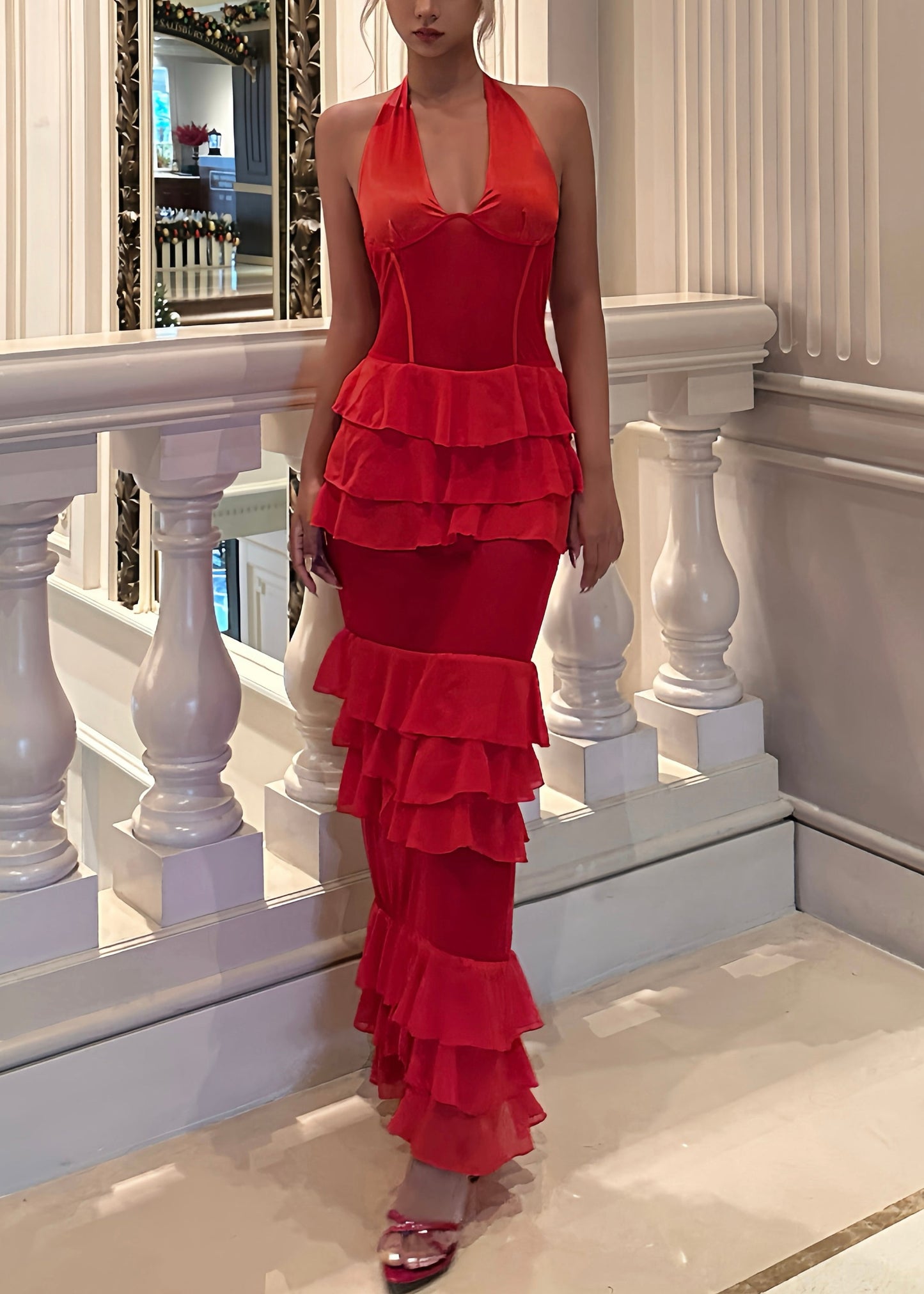 Black V Neck Ruffled Tulle Maxi Dresses Sleeveless
