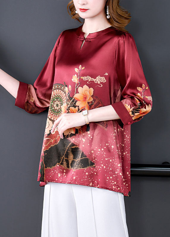 Boutique Red O-neck Print Draping Silk Blouse Tops Bracelet Sleeve
