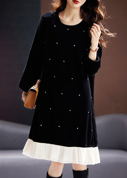 French Black O Neck Zircon Patchwork Velour Dresses Long Sleeve