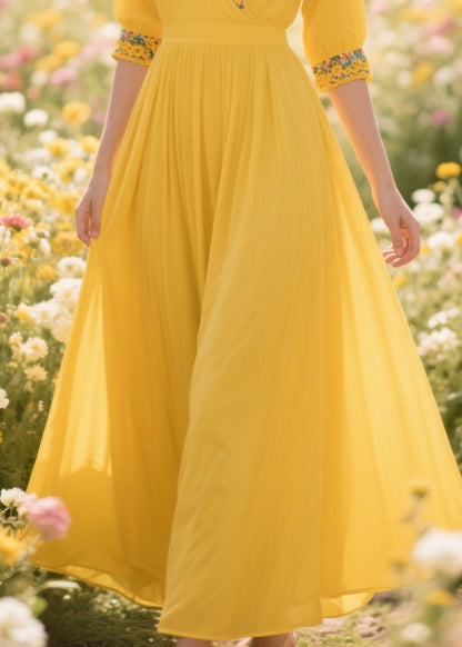 Yellow Patchwork Print Chiffon Holiday Dress Summer
