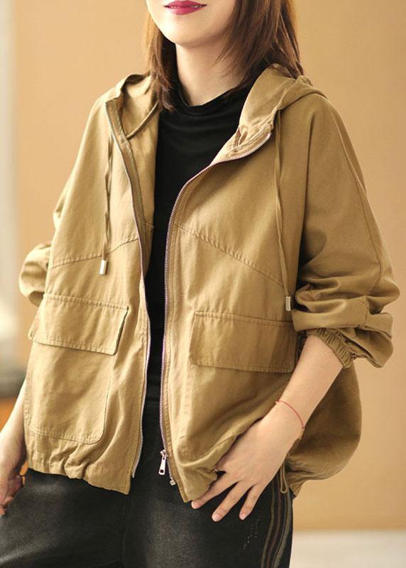 New Khaki Loose Hooded Pockets Fall Long Sleeve Coat
