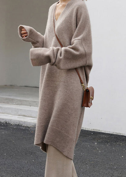 Khaki V Neck Oversized Knit Sweater Dress Spring