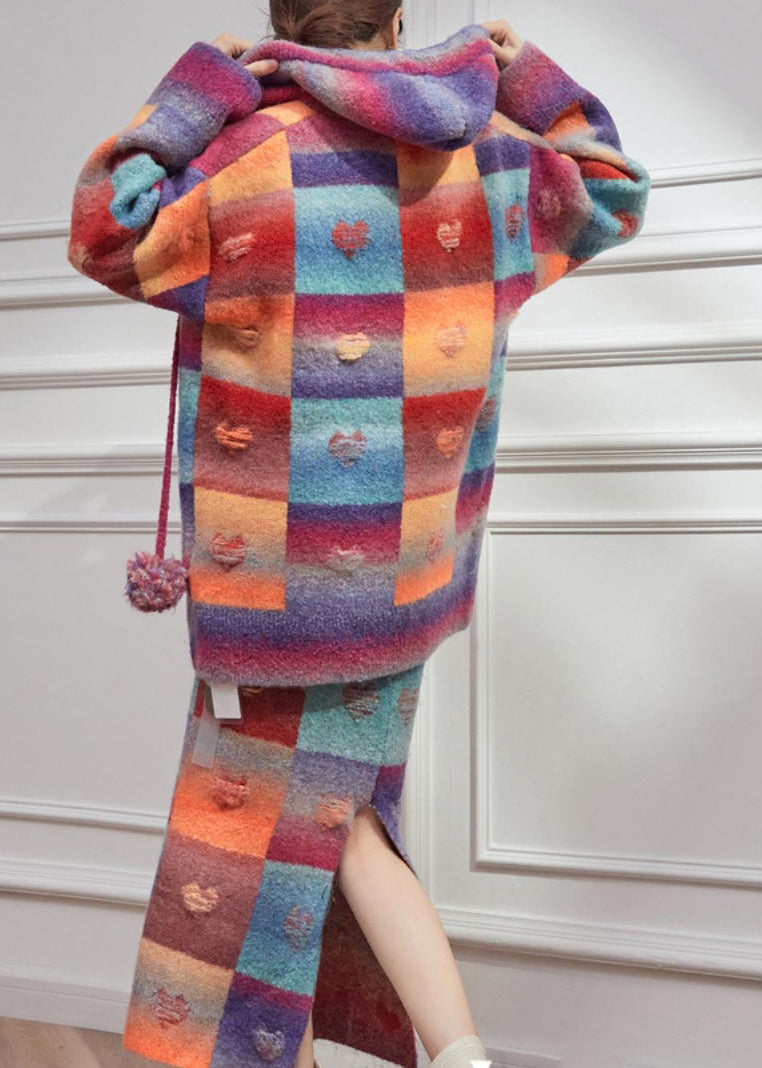 Rainbow Hole Hooded Sweaters and Maxi Skirts Knitted Cotton Thread Two Pieces Set Winter