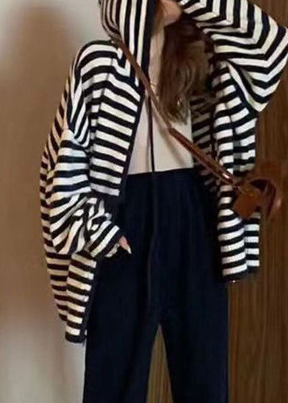 Red Zippered Wrinkled Striped Patchwork Cotton Knit Hoodies Coats Spring
