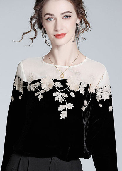 Black Embroideried Patchwork Silk Velour T Shirt Spring