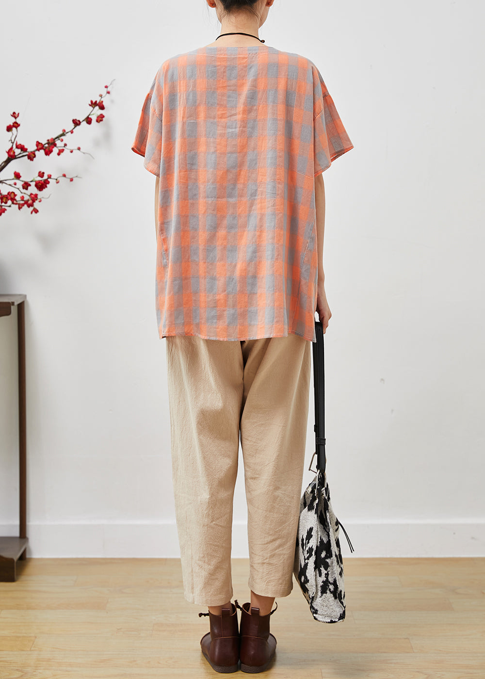 Orange Plaid Fine Linen Two Pieces Set O-neck Oversized Summer