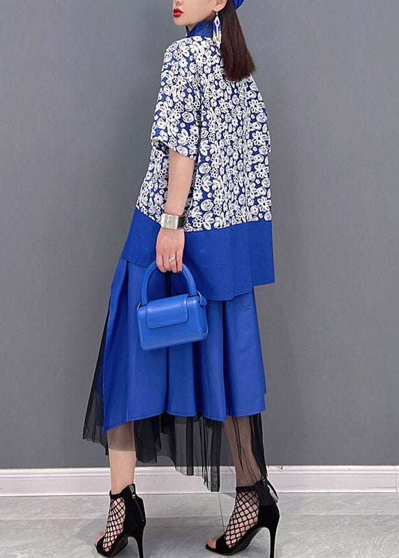 Blue Peter Pan Collar Asymmetrical Design Tulle Patchwork Shirt and Skirt Two Pieces Sets Summer
