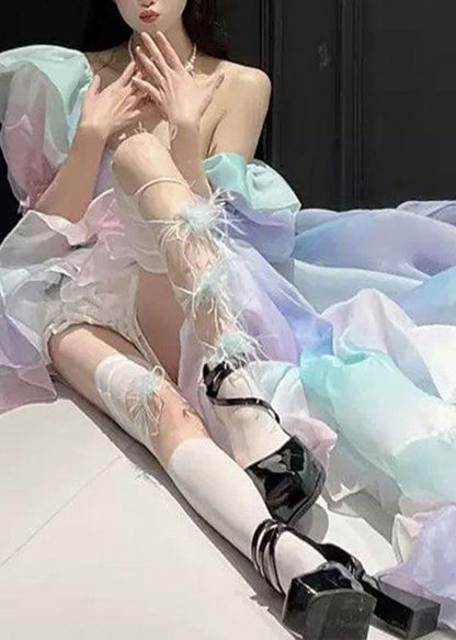 Rainbow Bustier Top Asymmetrical Patchwork Tulle Long Dress Puff Sleeve