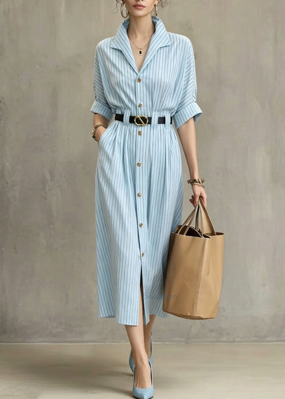 Blue V Neck Striped Pockets Cotton Dresses Summer