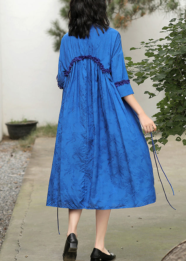 Blue Stand Collar Embroideried Drawstring Satin Dress Long Sleeve