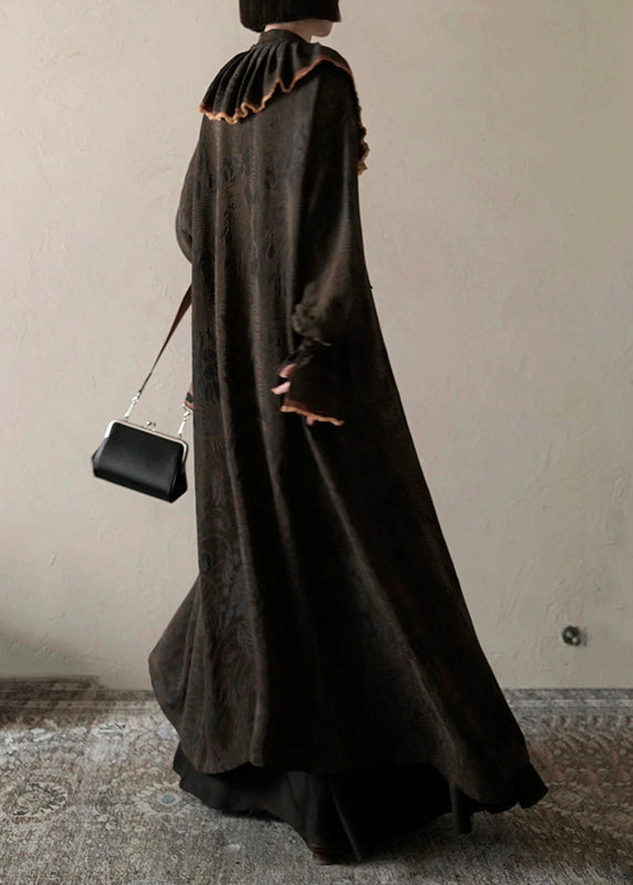 Chocolate Ruffled Print Patchwork Silk Long Dress Spring