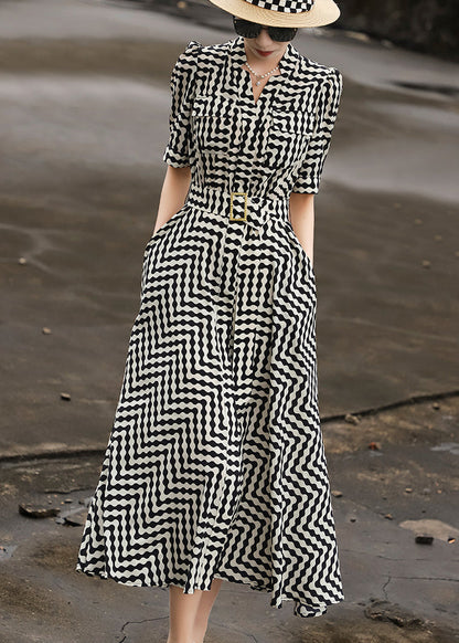 Black Striped Tie Waist Chiffon Dresses Summer