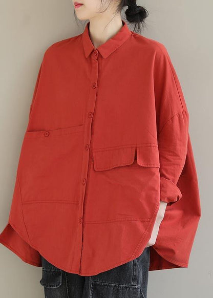 Red Blouse Lapel Asymmetric Short Shirt Top