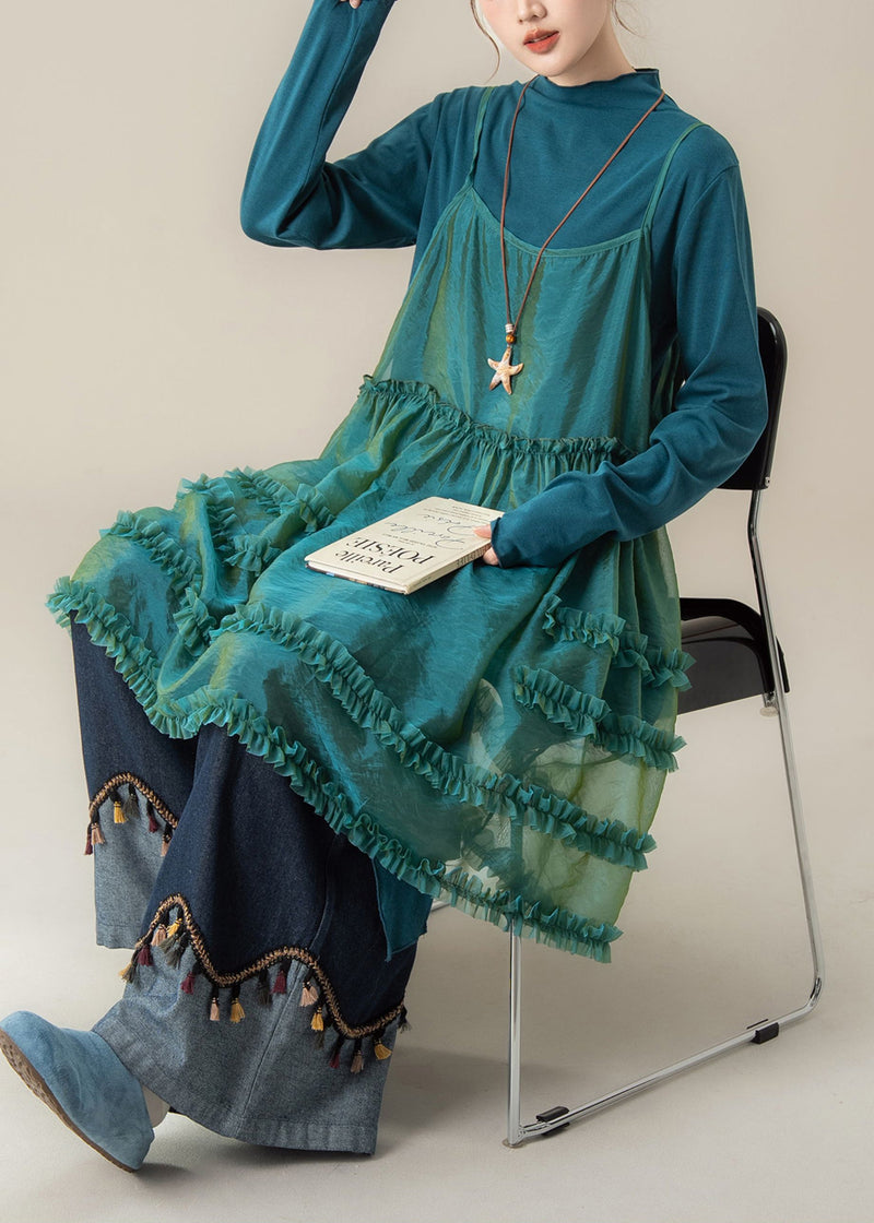 Blue Ruffled Spaghetti Strap Dress T Shirt and Pants Three Piece Suit Set Spring