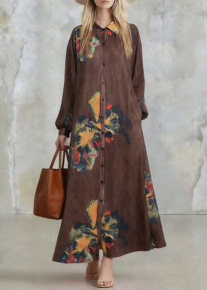 Loose Coffee Peter Pan Collar Print Maxi Dresses Lantern Sleeve