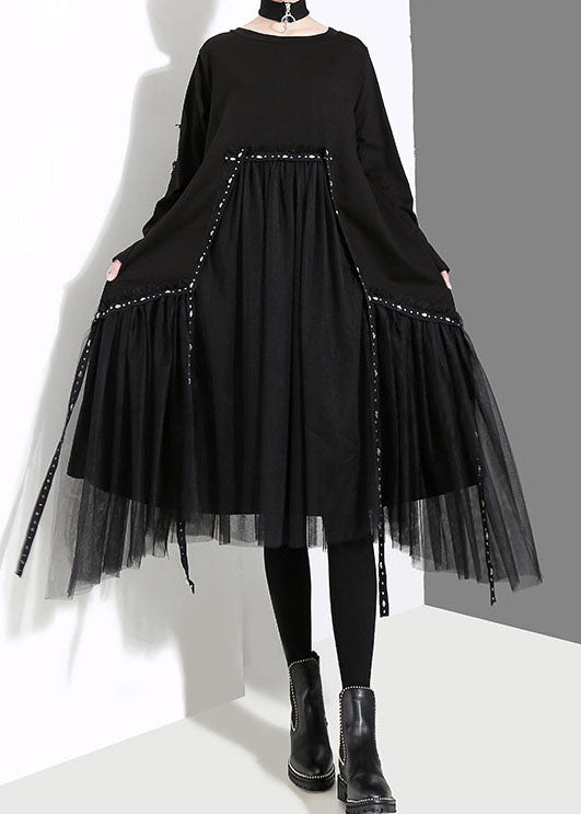 French Black O-neck Asymmetrical Tulle Patchwork Long Dresses Spring