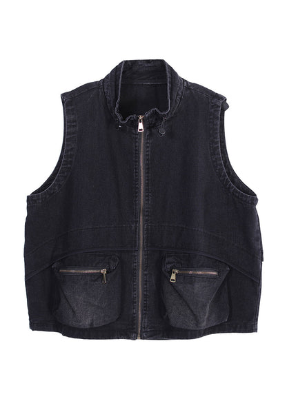 Diy Black Stand Collar Drawstring Patchwork Zippered Denim Coat Fall