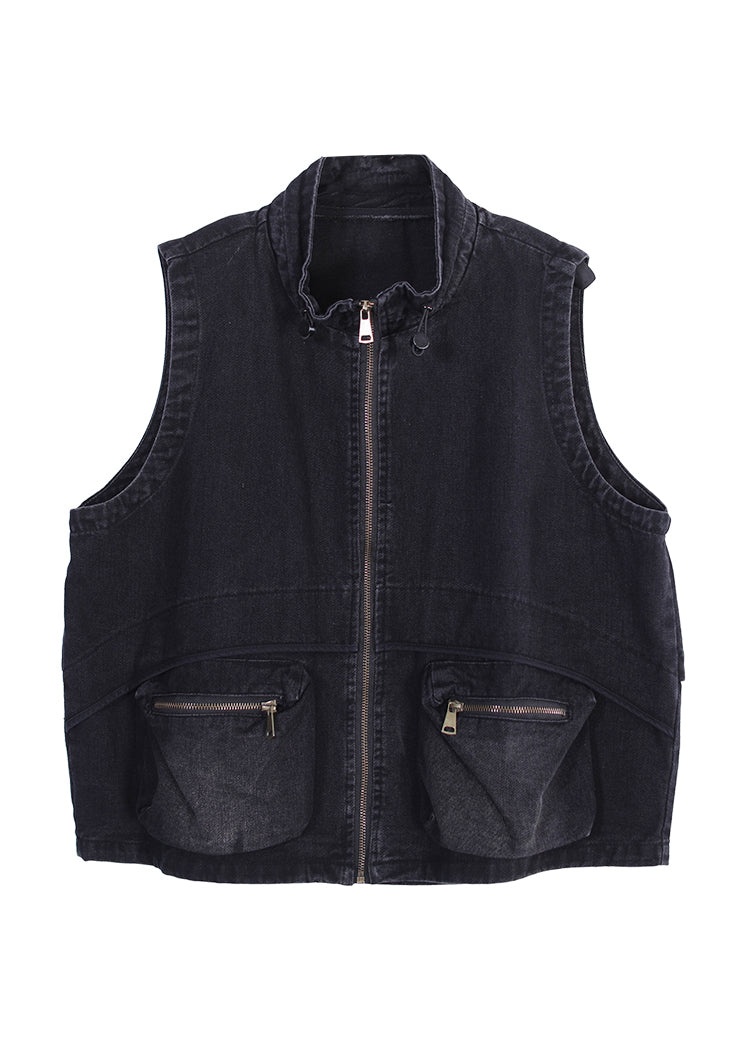 Diy Black Stand Collar Drawstring Patchwork Zippered Denim Coat Fall