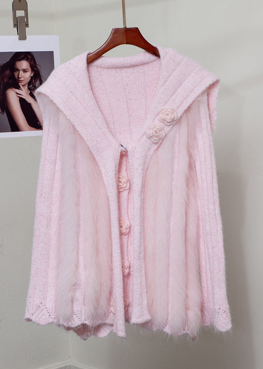 Pink Fox Fur Button Patchwork Knit Sweater
