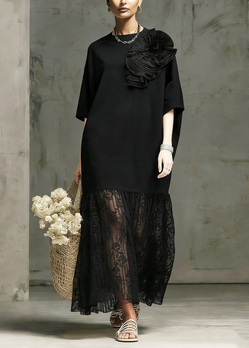 Boutique Black O Neck Lace Patchwork Cotton Dress Summer