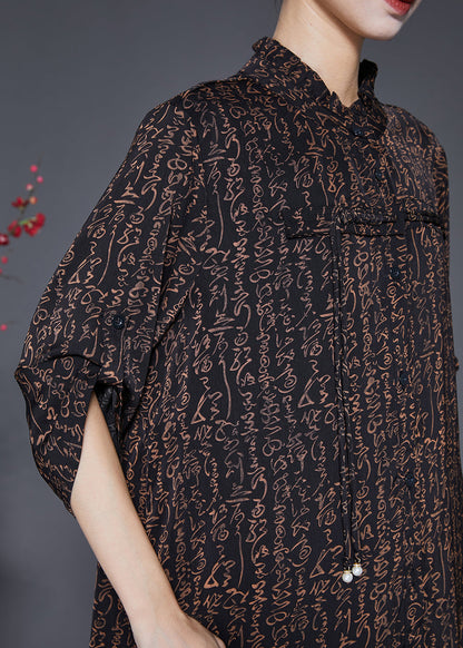 Black Ruffled Print Tasseled Chiffon Two Pieces Set Fall
