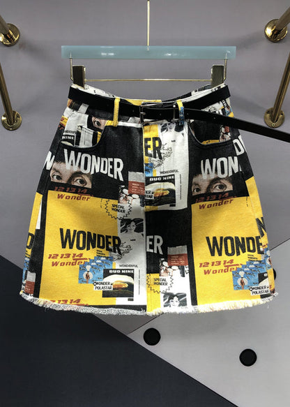 Yellow Street Graphic Pockets Patchwork Denim Skirt Summer