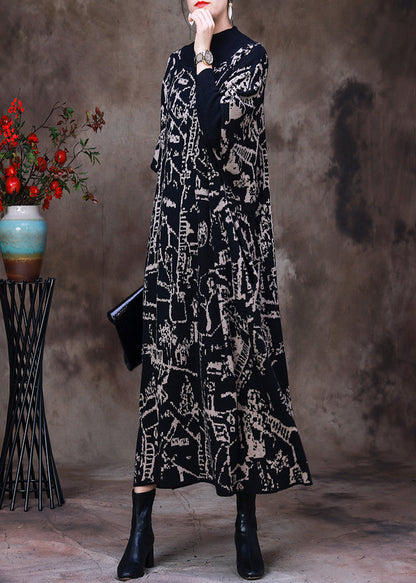 Black Turtleneck Print Knit Patchwork Long Dress Long Sleeve