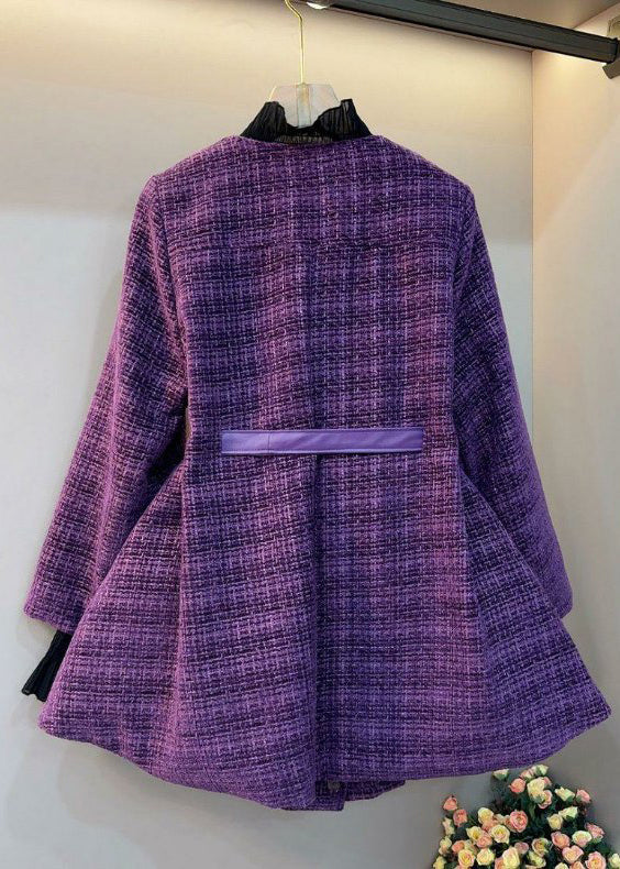 Purple V Neck Bow Thick Woolen Coats Spring